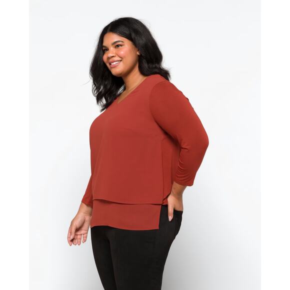 Michael Kors Layered V Neck 3/4 Sleeve Tunic Top Boho Minimal Fall Orange 2X - Picture 2 of 14